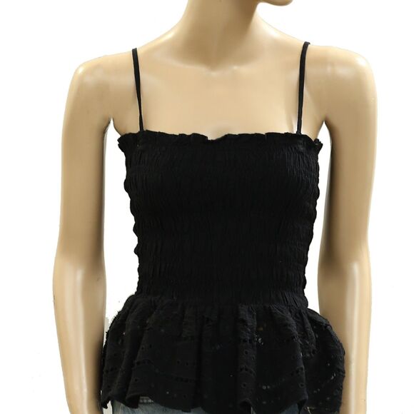 Damson Madder Martina Cami Tank Top Smocked Broderie Cutout Black S-6 New 284778 - Picture 6 of 9